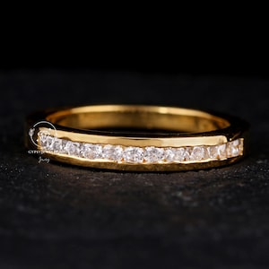 Channel Set Band, Round Colorless Moissanite Engagement Ring, Half Eternity Moissanite Band, Stacking 14K Solid Yellow Gold Wedding Band