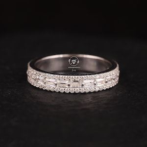 Three Row Eternity Stackable Band, Baguette & Round Moissanite Engagement Ring, Dainty Wedding Band, 14K White Gold Anniversary Band For Her