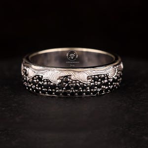 Antique Diamond Sea Wave Style Band, Black Round Moissanite Engagement Ring, Micro Pave Beach Style Band, 14K Gold Eternity Stackable Band