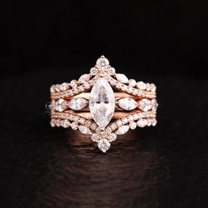 Enhancer Guard Wedding Ring, Marquise Moissanite Seven Stone Engagement Ring, Enhancer Guard Ring Jacket, 14K Gold Aggie Wedding Ring Set