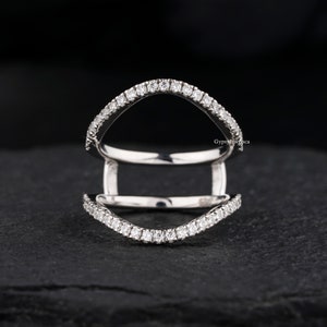 Aggie Moissanite Ring, Enhancer Wedding Moissanite Ring, Round Colorless Moissanite Engagement Ring, Wrap Guard Ring In 14K Solid White Gold