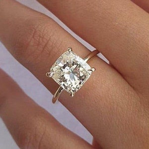 4.00 CT Cushion Cut Colorless Moissanite Engagement Ring, Solitaire Moissanite Wedding Ring, 14K Solid Yellow Gold Cushion Cut Promise Ring