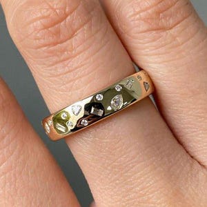 Flush Setting Wedding Ring, Multi Stone Cut Moissanite Engagement Ring, 14K Yellow Gold Eternity Stacking Band, Scattered Diamond Wide Band