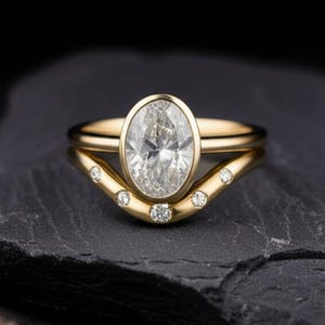 Unique Bridal Ring Set, 2.5 Oval Cut Moissanite Bezel Solitaire Engagement Ring, Curved Five Stone Band, 14K Yellow Gold Wedding Ring Set