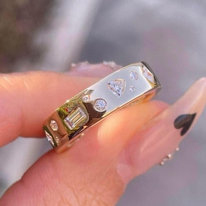 Antique Flush Setting Eternity Band, Multi shape Colorless Moissanite Diamond Engagement Band,  14K Yellow Gold Stackable Full Eternity Band
