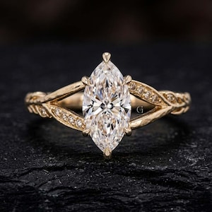 Verlovingsring met een marquise geslepen laboratoriumdiamant van 1,5 karaat, Art Deco beloftesring van massief 18 karaat goud, vintage trouwring met gespleten band, jubileumcadeau