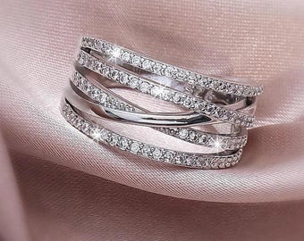 Criss Cross Colorless Moissanite Band, Round Moissanite Engagement Ring, Half Eternity Band, Crossover Wedding Band In 14K Solid White Gold