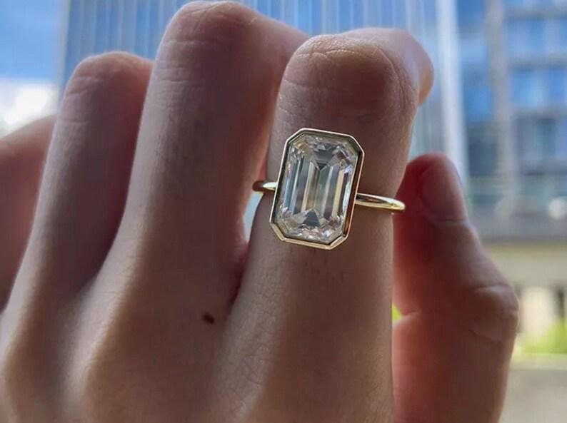 Bezel Set Moissanite Engagement Ring, 5.00 CT Emerald Cut Colorless Moissanite Engagement Ring, Solitaire Wedding Ring In 14K Yellow Gold