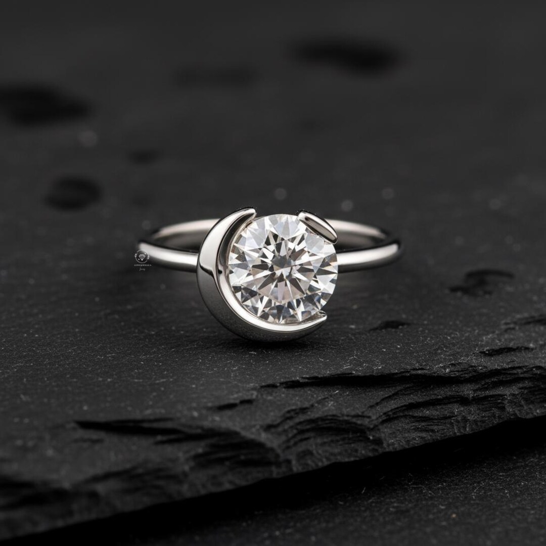 Unique Moon Rings Unique Crescent Moon Wedding Ring, Round Cut Lab Grown Diamond Ring ...