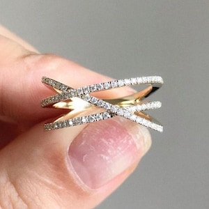 Criss Cross Wedding Band, Crossover Round Cut Colorless Moissanite Engagement Ring, Half Eternity band, 14K Solid Yellow Gold Stackable Band
