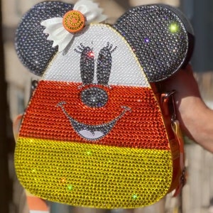 Custom bling Minnie/Mickey Mouse Candycorn crossbody Disney Loungefly bag
