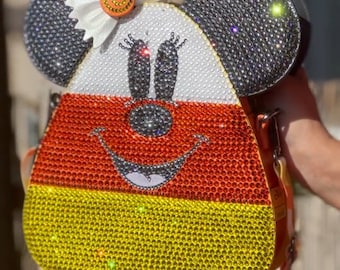 Custom bling Minnie/Mickey Mouse Candycorn crossbody Disney Loungefly bag