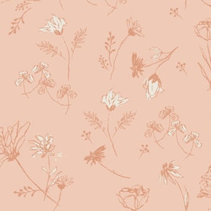 May include: A light peach-colored background featuring a repeating pattern of white, hand-drawn style floral illustrations. The design includes various wildflowers, stems, and leaves scattered across the surface in a delicate, sketch-like aesthetic.
