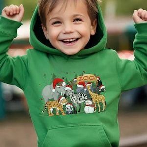 Child&#39;s Zoo Animals Christmas Hoodie: Santa Hats Sweatshirt
