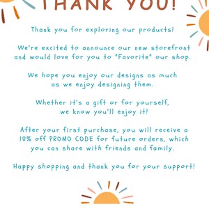 May include: Thank you card with a cheerful sun graphic and the text "THANK YOU!" and "CHEERFUL SOUL COLLECTIVE". The card thanks customers for exploring the shop's products and announces a new storefront. It also offers a 10% off promo code for future orders.