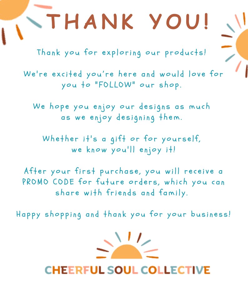 May include: White background with the words "THANK YOU!" in brown. Text expresses gratitude for exploring products and invites customers to follow the shop. Includes the shop name "CHEERFUL SOUL COLLECTIVE".