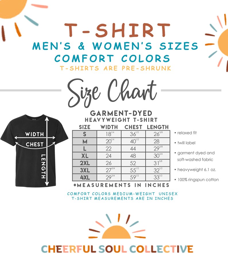 May include: A black t-shirt with a size chart for garment-dyed, heavyweight t-shirts. The chart includes measurements in inches for width, chest, and length, ranging from size small to 4XL. The shirt is made of 100% ringspun cotton.