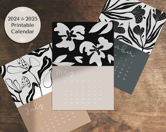 Calendrier 2024-2025 imprimable 12 mois, fleurs vives, neutre, 24 mai - 25 avril 25, 12 illustrations botaniques, design moderne, 7 x 10 et 5 x 7