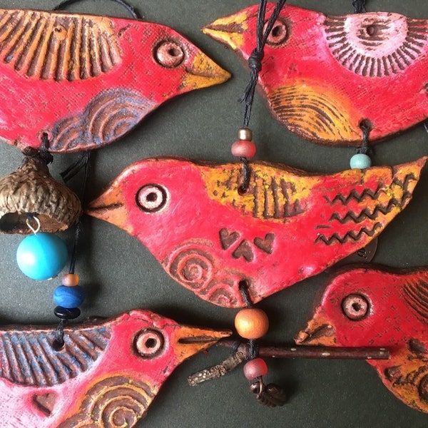 Happy Little Bird - Handmade Clay Bird Ornament - Colorful Hanging Decor