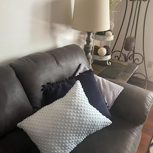 May include: A dark gray leather sofa with three decorative pillows. The pillows are light blue with a textured surface, navy blue with fringe, and a light gray striped pillow. A lamp with a beige shade sits behind the pillows.