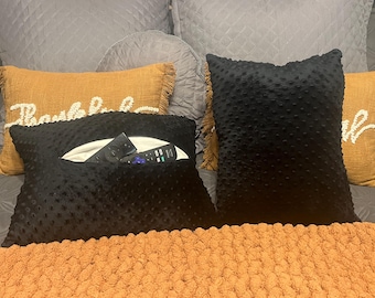 Black Minky Throw Pillow with Pocket, Remote Holder – Handmade in USA (15x20)