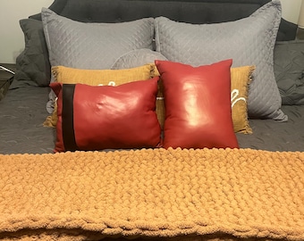 Red Faux Leather Throw Pillow: Decorative Storage, Handmade in USA