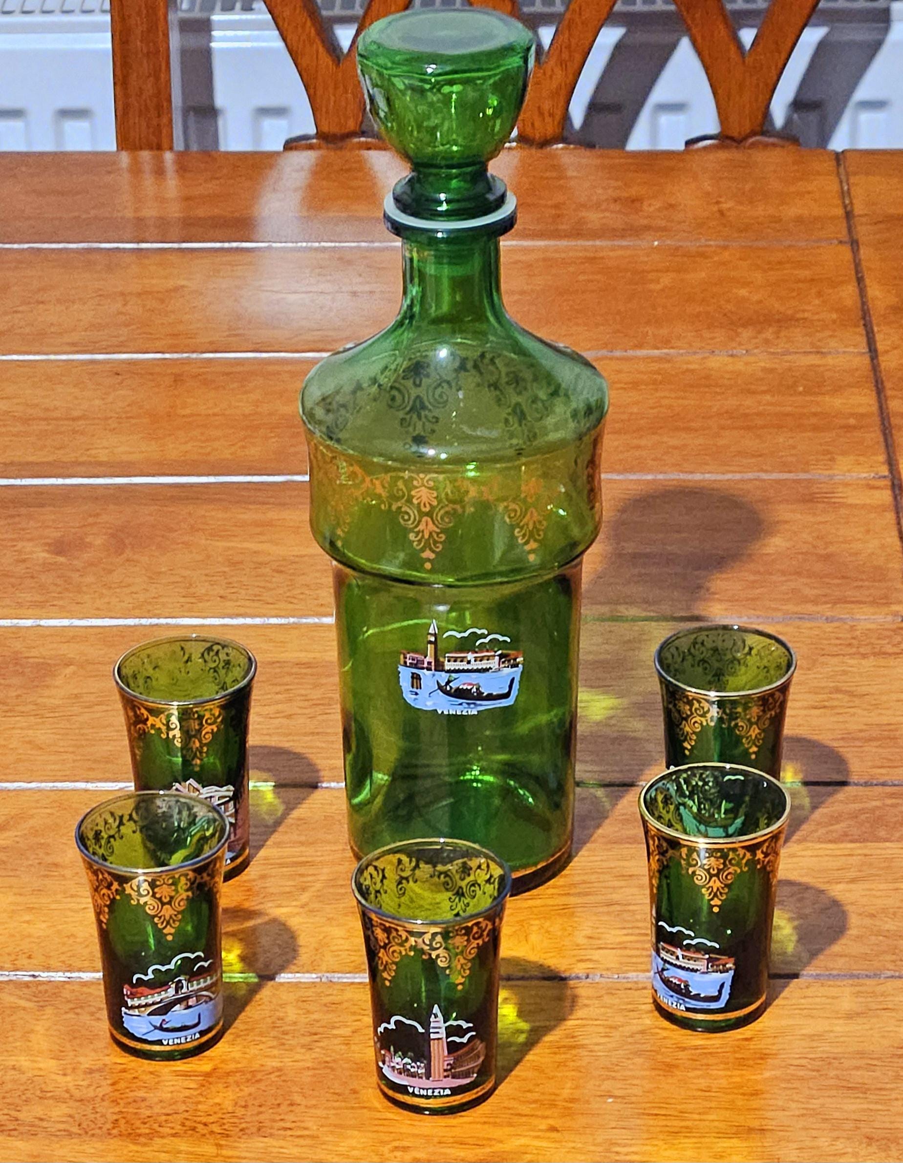 Murano Venitian Mid Century Green Emerald Blown Glass Decanter Set