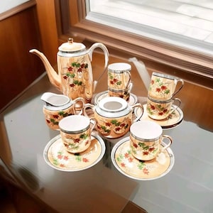 Vintage Japanese Hand Painted Luster China Orange Blue And Gold Tea set one lid missing