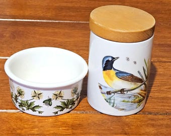 Portmeirion Lot Mint: Birds of Britain Nuthatch 8.5cm Jar and Botanic Garden Potentilla Ramekin Vintage 1970s Pottery Made in England