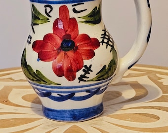 A Lovely Vintage Hnos Martinez Hand Painted Spain Vase Espana Pottery White Blue Red Mini Artistic Rural Vase Folk Art