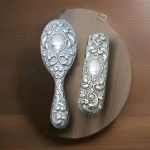 Antique Victorian Repousse Hairbrush And Cloth Brush Silver UWM lizard hallmarks