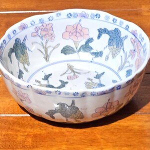 Antique Chinese Porcelain Bowl • Hand Painted Peony Floral • Large Decorative Vintage Bowl image 2