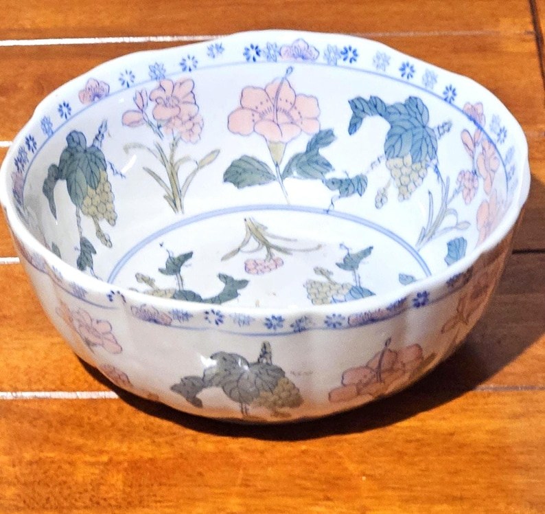 Antique Chinese Porcelain Bowl • Hand Painted Peony Floral • Large Decorative Vintage Bowl image 2