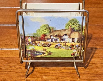 Vintage 1950s Napkin Holder /Letter Holder Wire Frame Dual Sided English Cottage Floral Bouquet Retro Kitchen Tableware