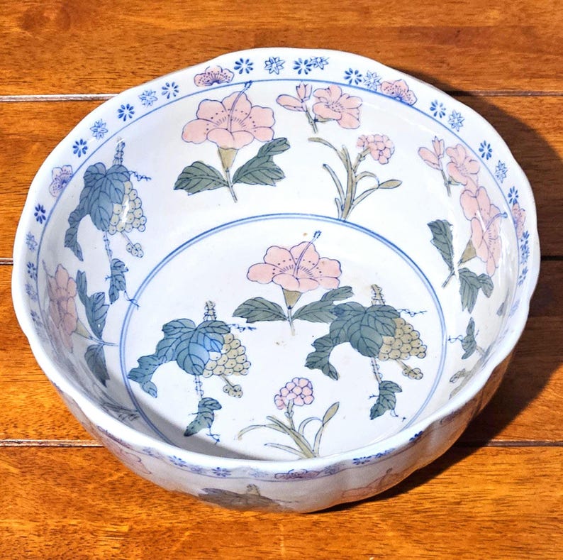 Antique Chinese Porcelain Bowl • Hand Painted Peony Floral • Large Decorative Vintage Bowl image 5