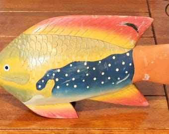 Vintage Wooden Tropical Fish Figurine, Hand Carved Large Wood Fish Statue, Coastal Nautical Beach House Decor, Ocean Marine Art Signed