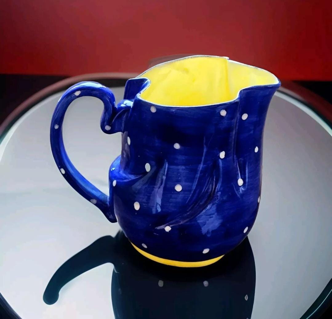 ヴィンテージ イタリア製 陶器 手描き ピッチャー 水差し 花瓶 青と
