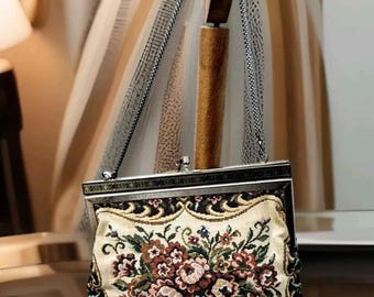 1950s Vintage Floral Tapestry Purse | Romantic Victorian Style Embroidered Clutch Bag | Evening Handbag Retro Accessory