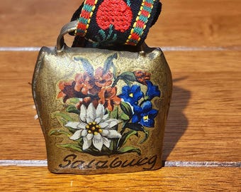 Vintage Souvenir Solid Brass Cow Bell From Edelweiss Mountain in Austria with Fabric Embroidery Strap