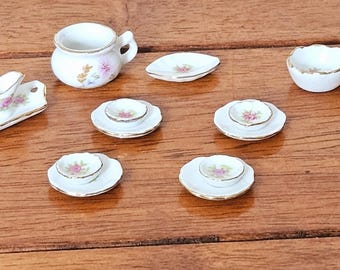 Vintage Miniature Porcelain Dollhouse Dinner Set - Rose Floral, Gold Trim