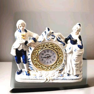 Large Vintage Victorian Couple Blue and White Rococo Style Table Clock