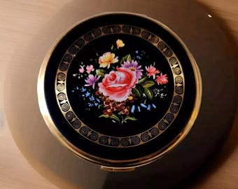 Polvos compactos Stratton Black Gold Tone Floral para damas, accesorios vintage, 1 unidad