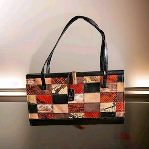 Vintage Real Leather Handbag  Black Snakeskin Patchwork  70s With Leather Strap Clutch Bag Purse Bag