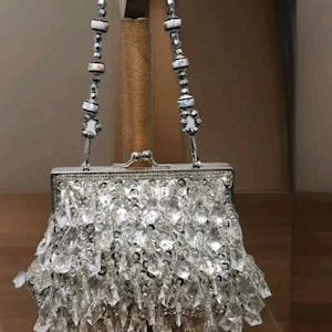 Vintage Beaded Clutch: 1990s Silver Prom Purse with Faux Crystals