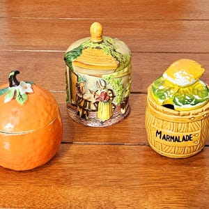 Vintage Ceramic Jam Marmalade Pots Lot Japanese Cottage Ware and English Orange Lemon Barres set of 3l