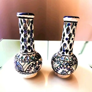 Pair Of Rare Tunisian Vintage Art Pottery Blue And White Cut Out Bohemian Vases