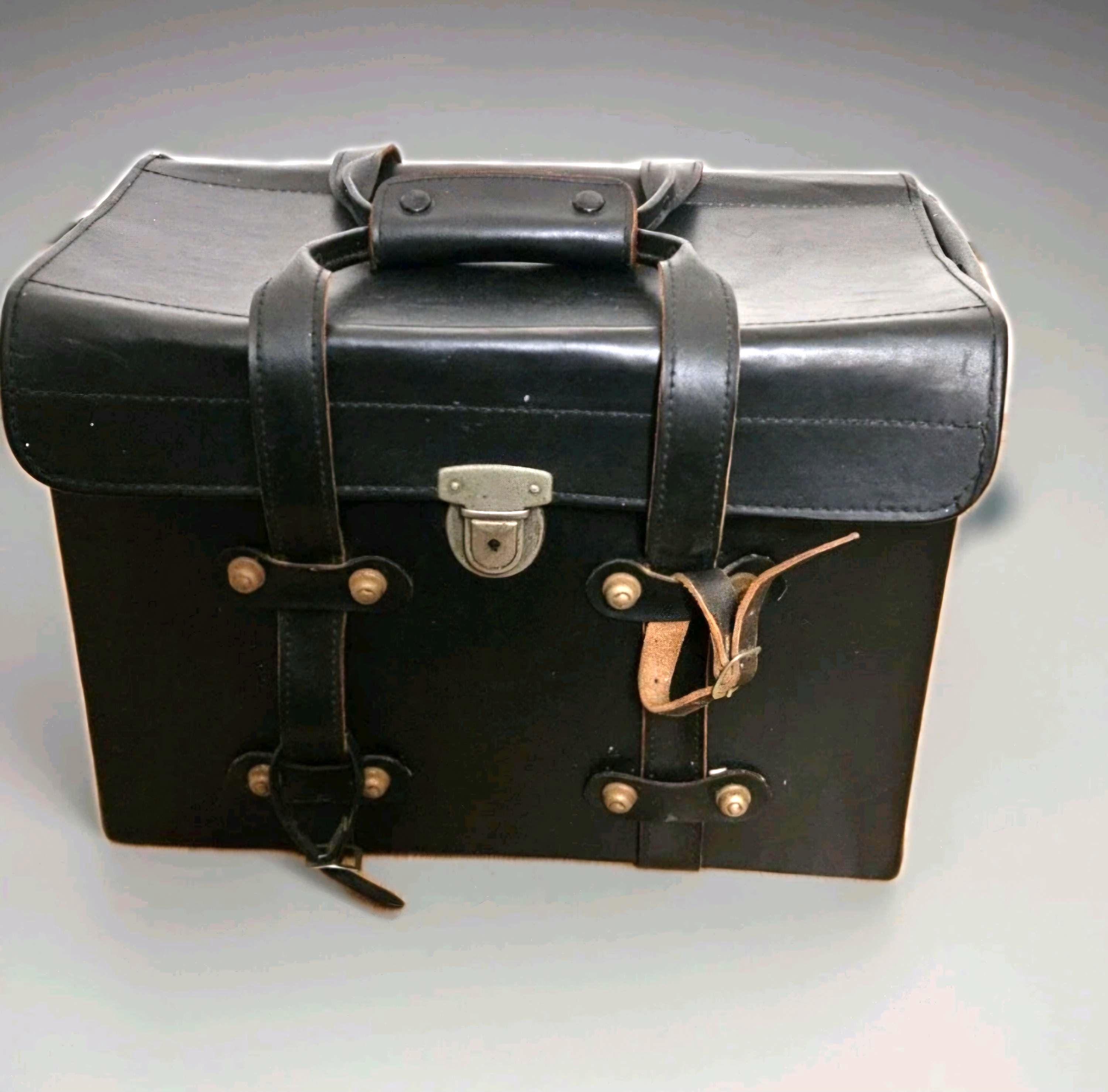 Vintage 60s Large Black Strong Real Leather Hard Case Camera Bag