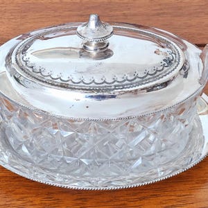 Antique Victorian James Dixon & Sons EPBM Lidded Glass Serving Dish with Underplate