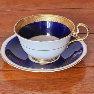 Vintage Rare Aynsley Bone China Tea Cup, Saucer,Set Smooth Cobalt Blue and Gold