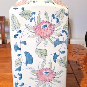 Vintage Chinese Porcelain Vase - Large 12" Hand Painted Pink Peony Square Vase - Chinoiserie Home Decor - Grandmillennial Style Floral Gift